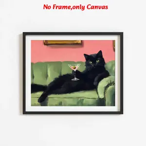 1 piece, wall art, vintage poster, black cat painting on sofa, green-pink cocktail print, living room decor aesthetics, room decor, bedroom decor, frameless, Unframed Painting