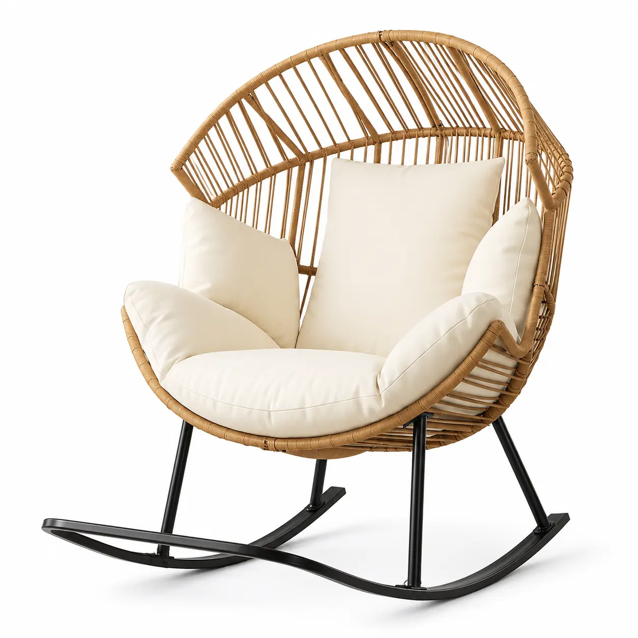 Premium Oversized Wicker Rocking Egg Chair, Handwoven Rattan Patio Lounger with 30° Smooth Rocking, 4.7-Inch Thick Anti-Splash Cream Cushion, Ergonomic Indoor Outdoor Comfy Rocker Furniture for Living Room, Backyard, Porch & Garden