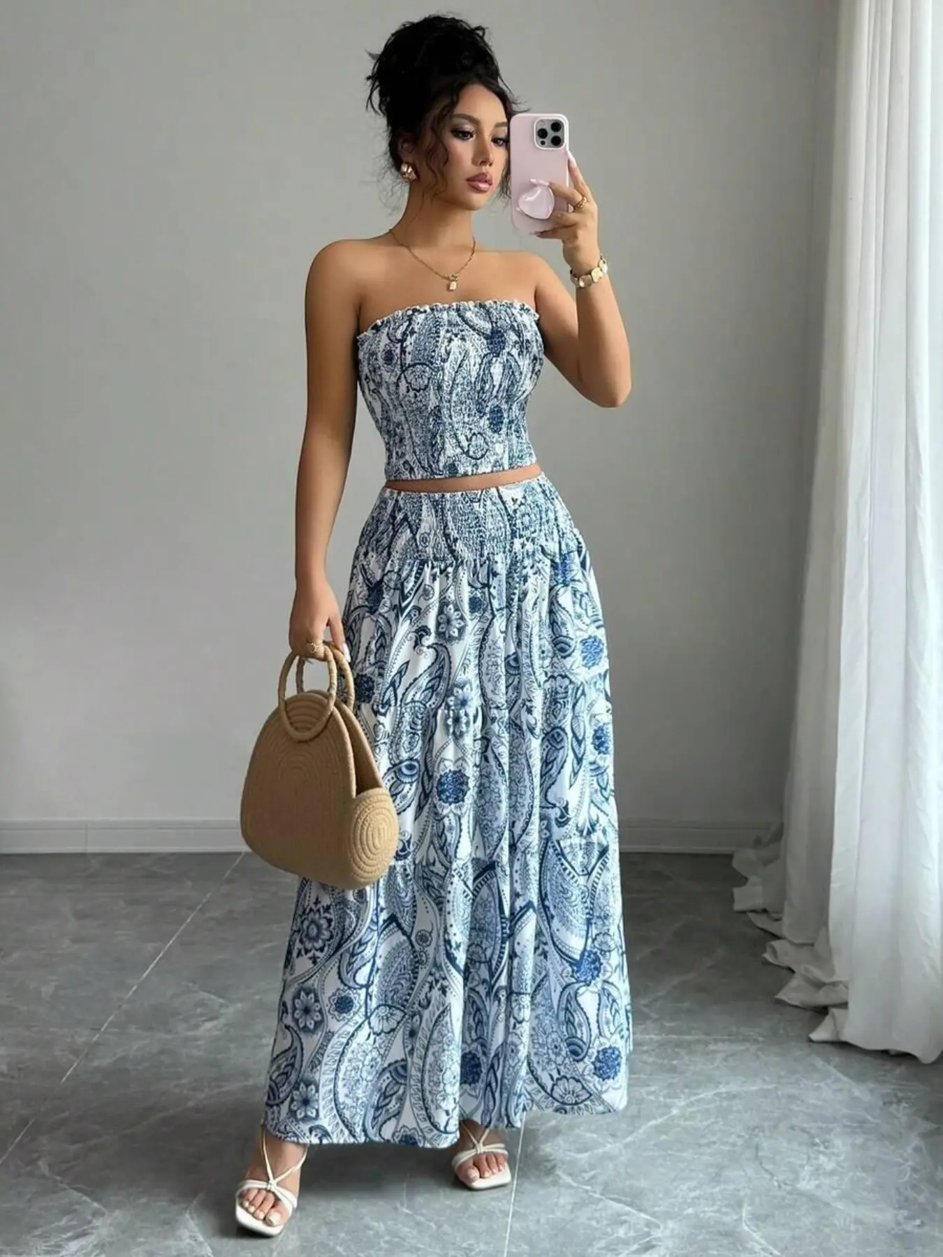 Women's Full-Body Print Strapless Sleeveless Casual Elegant Boho Bohemian Fashion Beach Wedding 2-Piece Tropical Print Set, Summer Style Top and Skirt Combo Womenswear