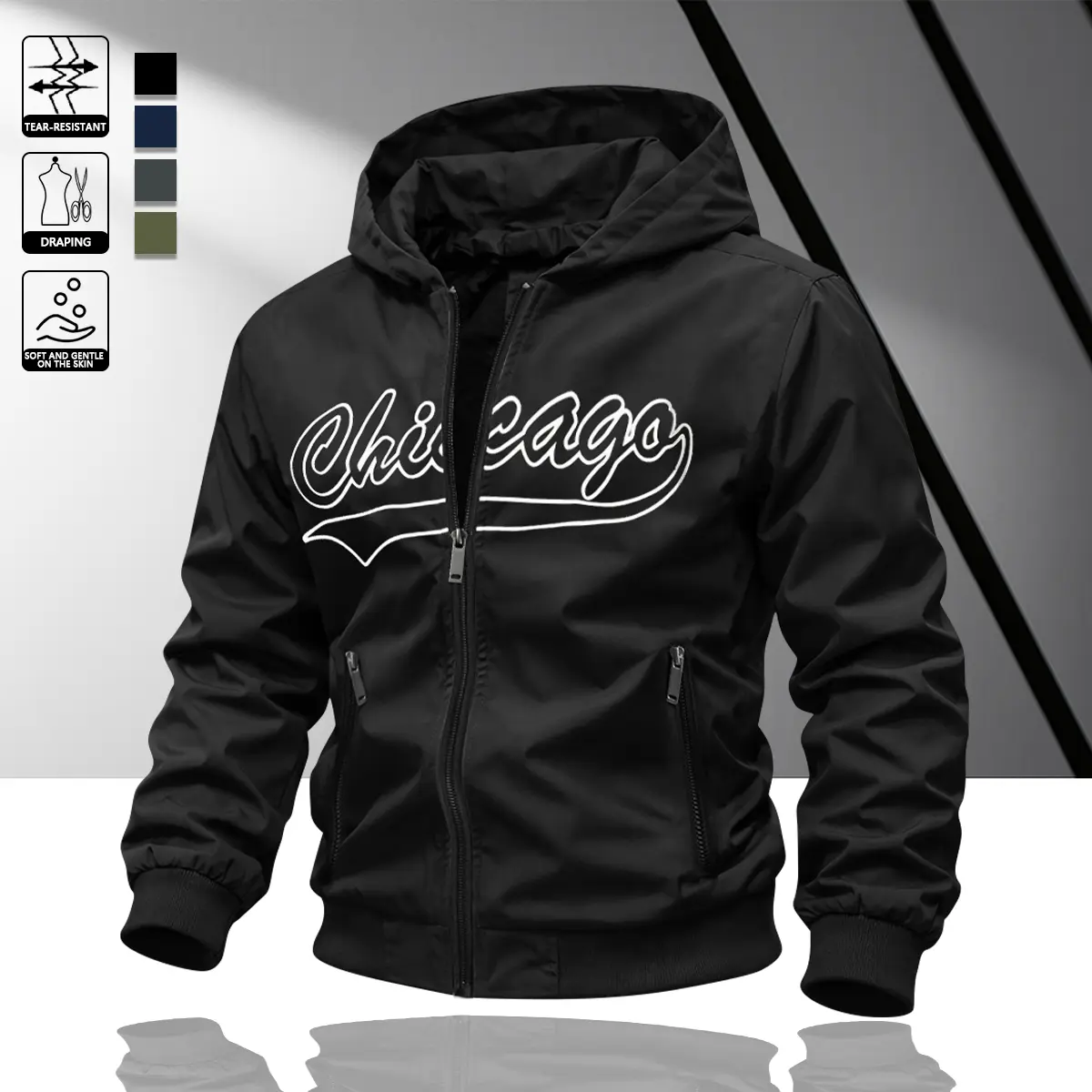 Jackets for Men Zip Up, Hooded Windbreaker Jacket with Chicago Print, Casual Lightweight Coat Long Sleeve  Menswear windbreaker jacket Coats
