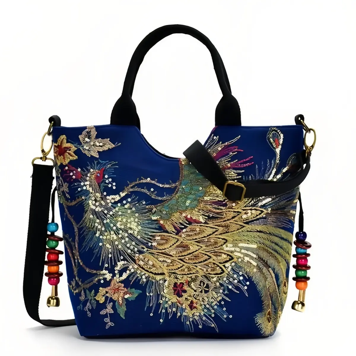 Outdoor Canvas Peacock Embroidered Satchel - High Capacity Chinese Style Good Luck Auspicious Shoulder Handbag, Portable Crossbody Purse, High Capacity Handbag, Handbags For Women