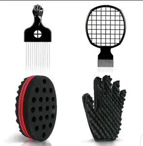 Curl Sponge Set with Glove, Metal Brush Pick and Twist Comb, Big Holes Barber Hair Brush Sponge Dread Locking Twist, Haircare Heatless