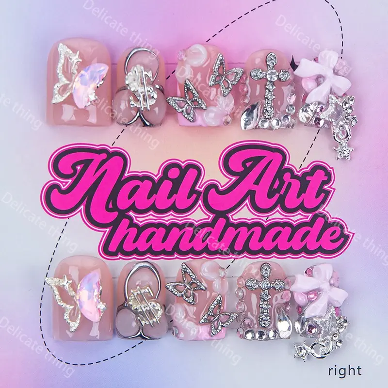 Delicatething Y2K Style Duckbill Square Nails, Handmade Press On Nail Art, Decorative Nails, 4 Sizes XS S M L, Moon Butterfly Knot Design, Nail Rhinestones, Perfect Gift for Girls