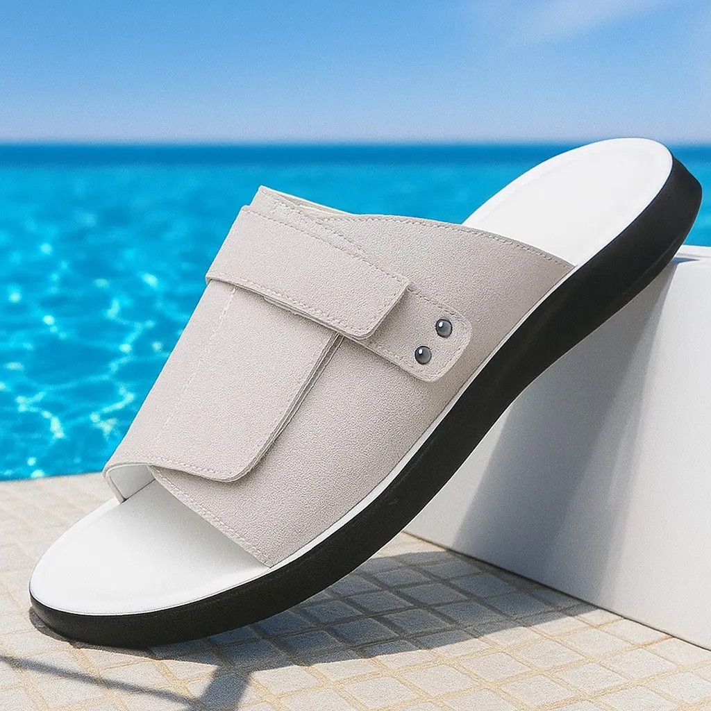 Men's Lightweight Velcro Slide Sandals - Slip-Resistant Polyurethane Footwear with Adjustable Strap, Breathable Design for Beach Walks, Casual Days, Chic Party Use, Black Walking Shoes