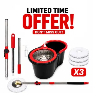 Spin Mop and Bucket System with Wringer Set, Stainless Steel Basket & Adjustable Handle, Easy Wringing Floor Cleaning Mop Bucket with Soap Dispenser and 3 Extra Microfiber Heads for All Floor Types