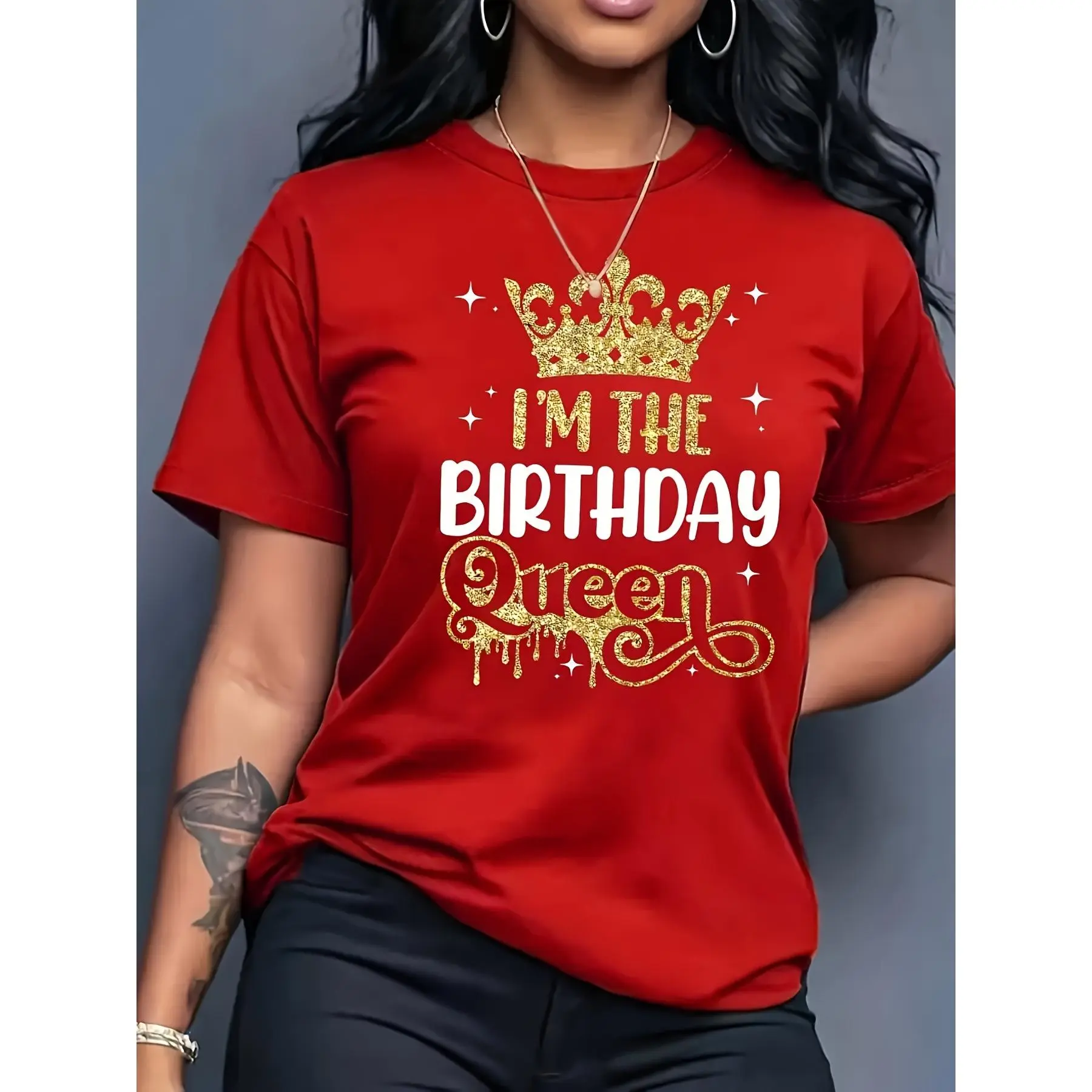 Women's Short-Sleeve Round Neck Polyester Fabric Top - "I'm The Birthday Queen" Crown Print, Casual Spring Summer Outfit, Machine Washable, Tops, Shortsleeve, Bold Graphic Tee, Halloween, Party, Chic, Holiday, All Over Print, Cute, Regular Fit