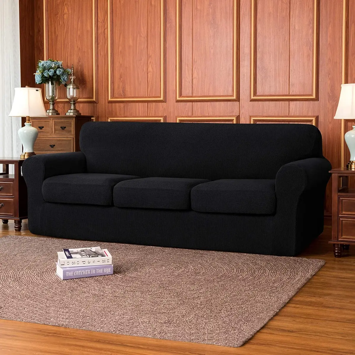 4-Piece Stretch Textured Grid Sofa Cover Slipcover,Separate Cushion Cover(Black, Sofa), Crafted from 95% polyester and 5% spandex thick textured fabric