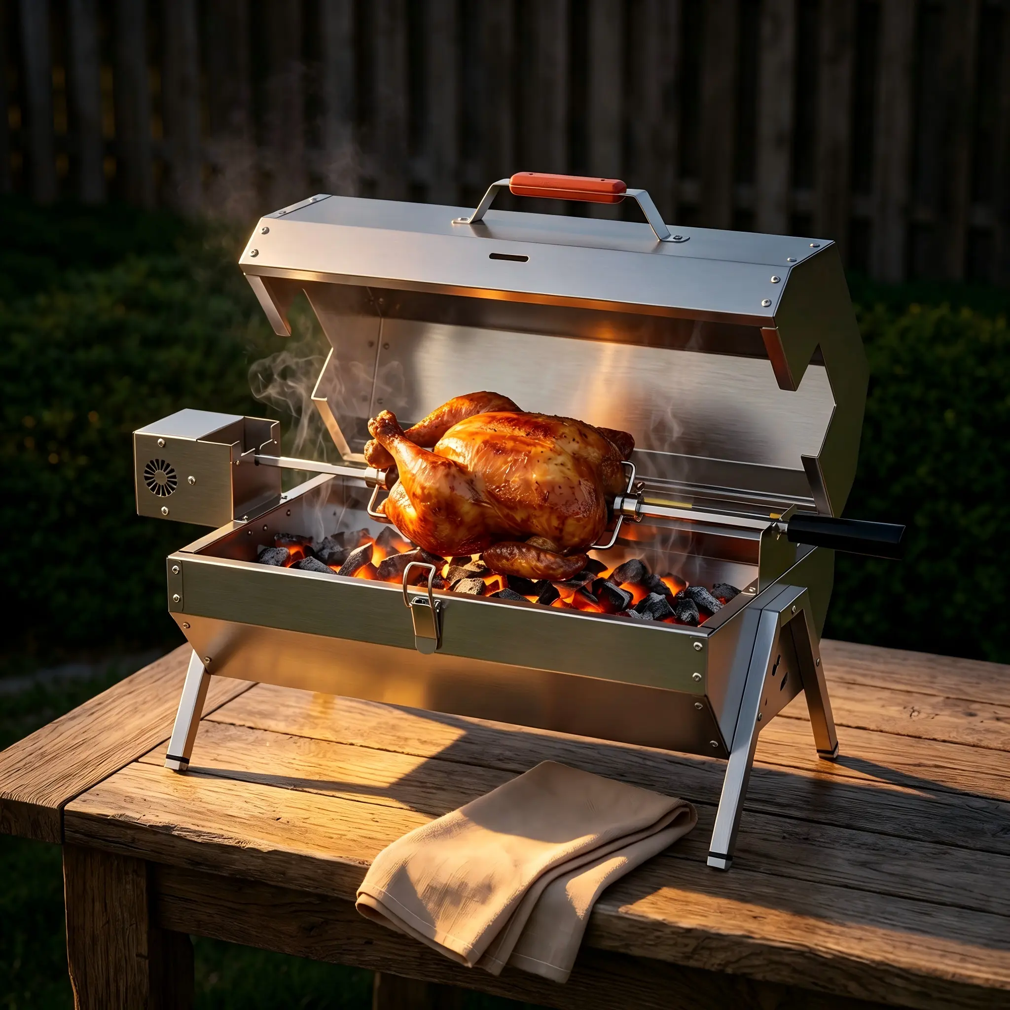 Wireless Battery Powered Auto Rotisserie Grill, Compact Stainless Charcoal BBQ Roaster Kit for Off-Grid Outdoor backyard bbq Cooking