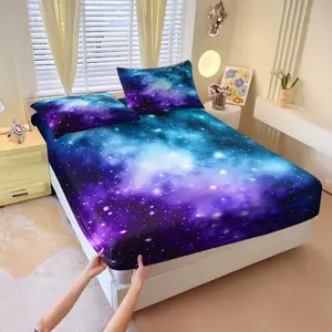 Dreamy Blue-purple Nebula Print Fitted Sheet Set (3 Pieces),1 Fitted Sheet And 2 Pillowcases,gradient Stardust And Cosmic Pattern,skin-friendly And Breathable, A Must-have For A Starry-sky Bedroom,a Must-have Gift For Stargazing Lovers