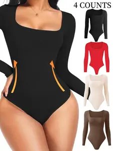 Women's Solid Square Neck Long Sleeve Shapewear Bodysuit, Casual Comfy Tummy Control Butt-Lift Shaper, Ladies High Compression Shapewear for All Seasons