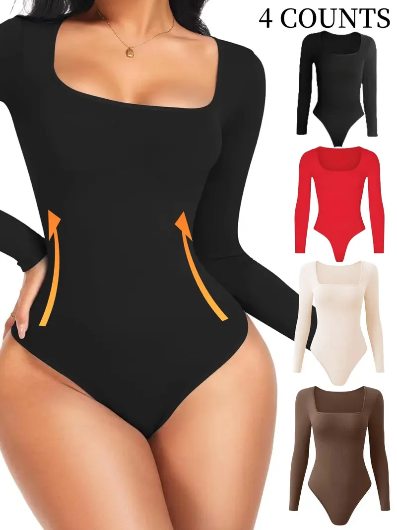 Women's Solid Square Neck Long Sleeve Shapewear Bodysuit, Casual Comfy Tummy Control Butt-Lift Shaper, Ladies Shapewear for All Seasons, Shapewear Abdominal