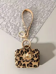 American Vintage Leopard Print Bag Charm Keychain, Leopard Pattern Small Square Bag Keychain, High-End Miu Style Leather Bag Accessory