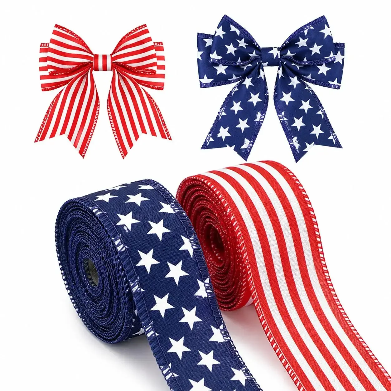 Patriotic Wired Ribbon 2 Roll Set Stars and Stripes Burlap Craft Ribbon for 4th of July Wreaths, DIY Bows, Independence Day Party Decor, Farmhouse Americana Crafts & Holiday Decorations