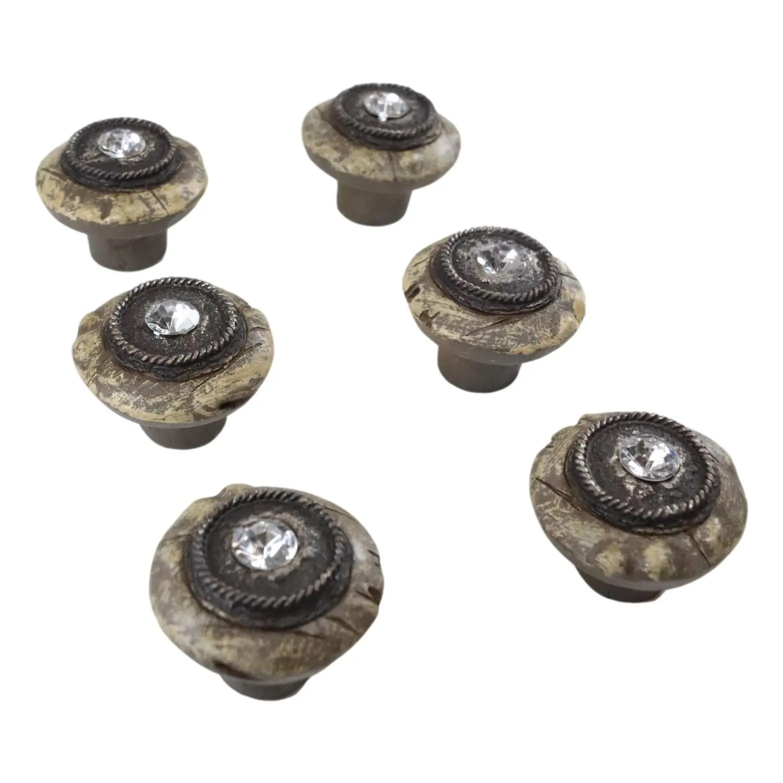 Set Of 6 Western Rustic Faux Wood Rhinestone Crystal Cabinet Door Pull Knobs