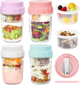 16oz Overnight Oats Jars, Yogurt Containers with Lids and Folding Spoons, 4 Pack Leak-Proof Wide Mouth Mason Jars Divided Compartments for Fruit & Nuts, Glass Jars with Measure Marks for Cereal Salad
