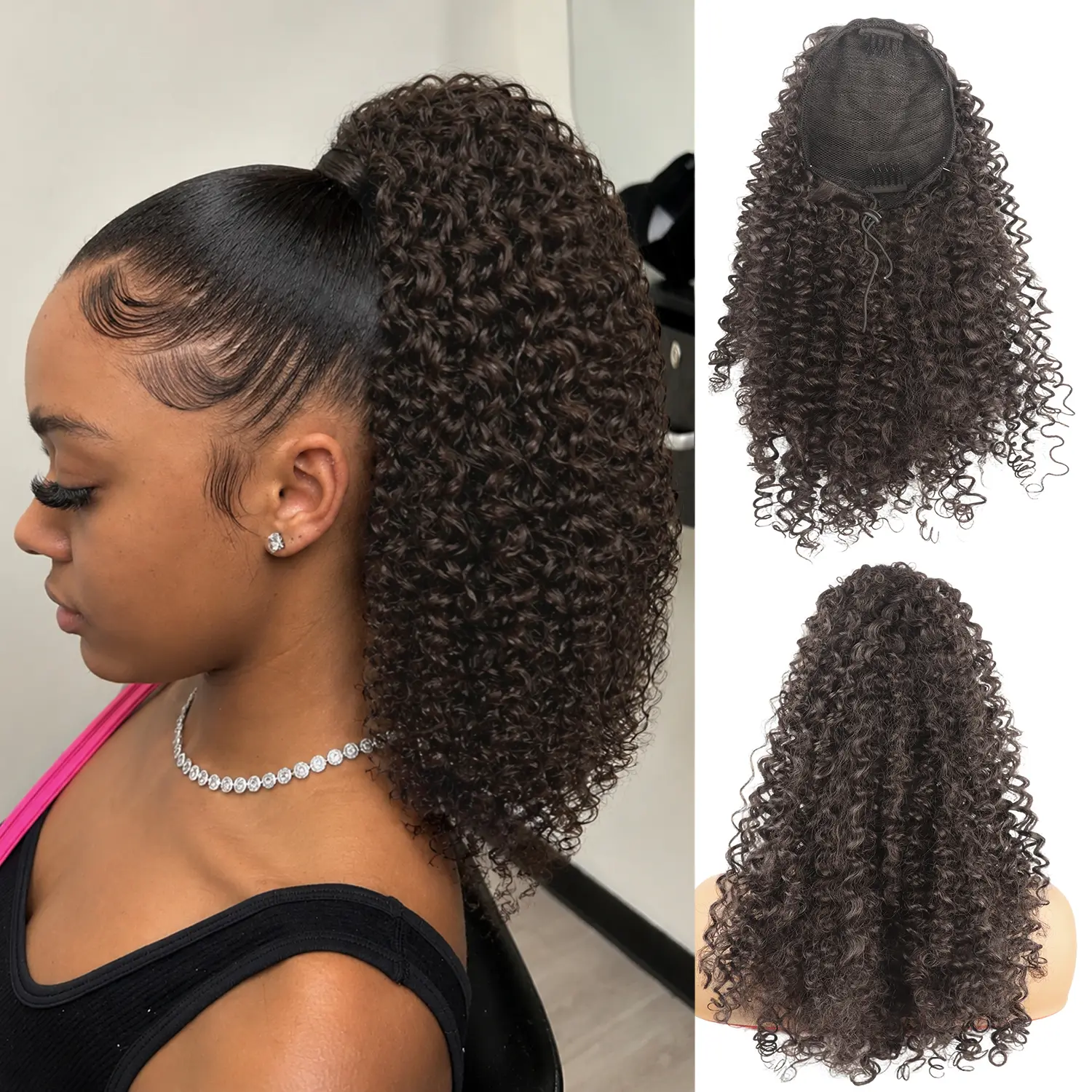 Short Afro Kinky Curly Ponytail Hair Piece for African American Ponytail Extension Synthetic Afro Kinky Curly Ponytail for Women