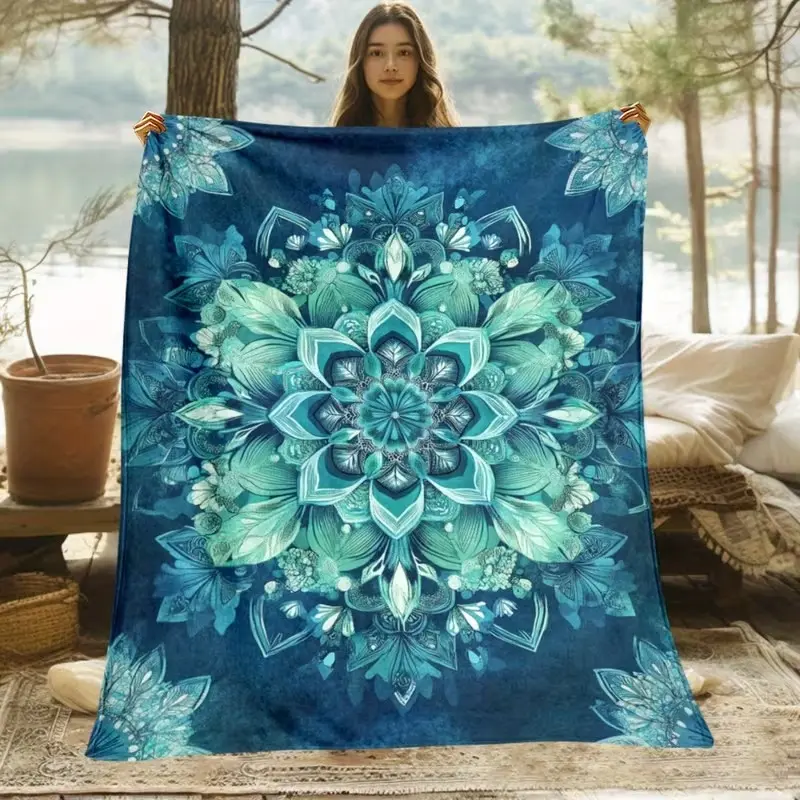 Traditional Flat-Weave Polyester Blue Teal Bohemian Mandala Floral Print Flannel Throw Blanket - Lightweight, Soft, Warm All-Season Cover, Stain-Resistant, Machine-Washable, Durable Couch Decor, Ideal Cozy Indoor Use Accessory