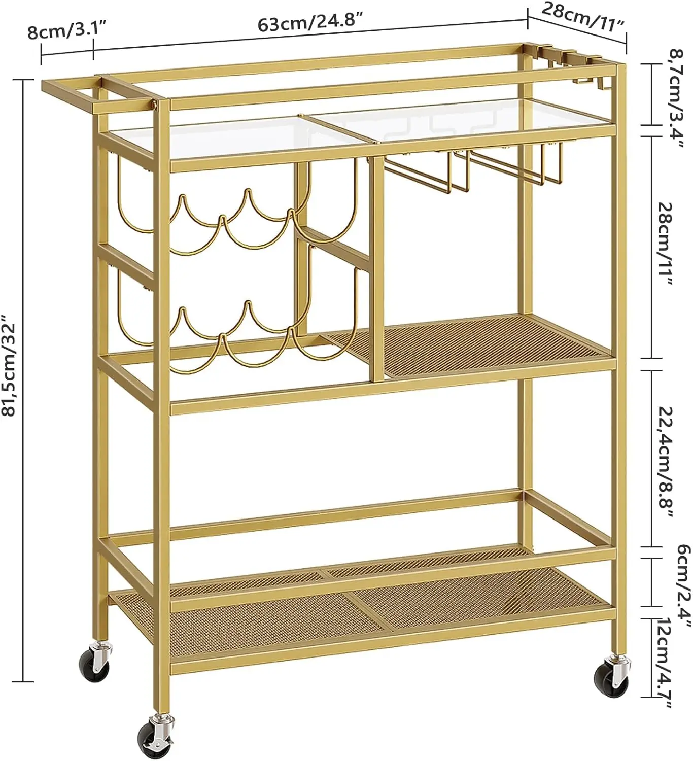 MAHANCRIS Bar Cart for Home, 3-Tier Serving Cart with Wheels and Handle, Beverage Cart with Wine Rack and Glass Holders, Rolling Wine Cart for Kitchen, Dining Room, Gold RCJ61B01