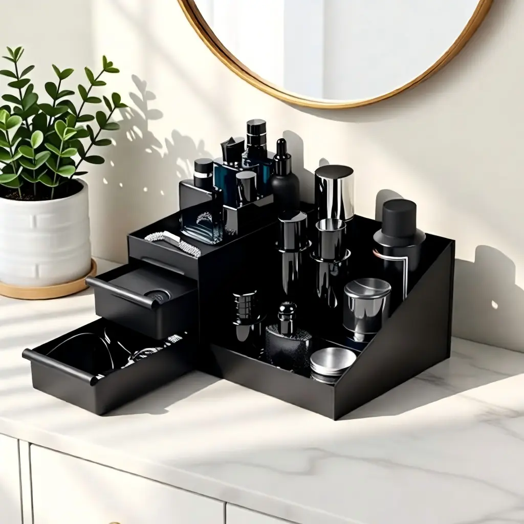 Luxurious men's cologne plastic storage box - Easy to clean, multi-functional integrated cosmetic organizer, black waterproof bathroom care storage box with drawers, an excellent gift choice
