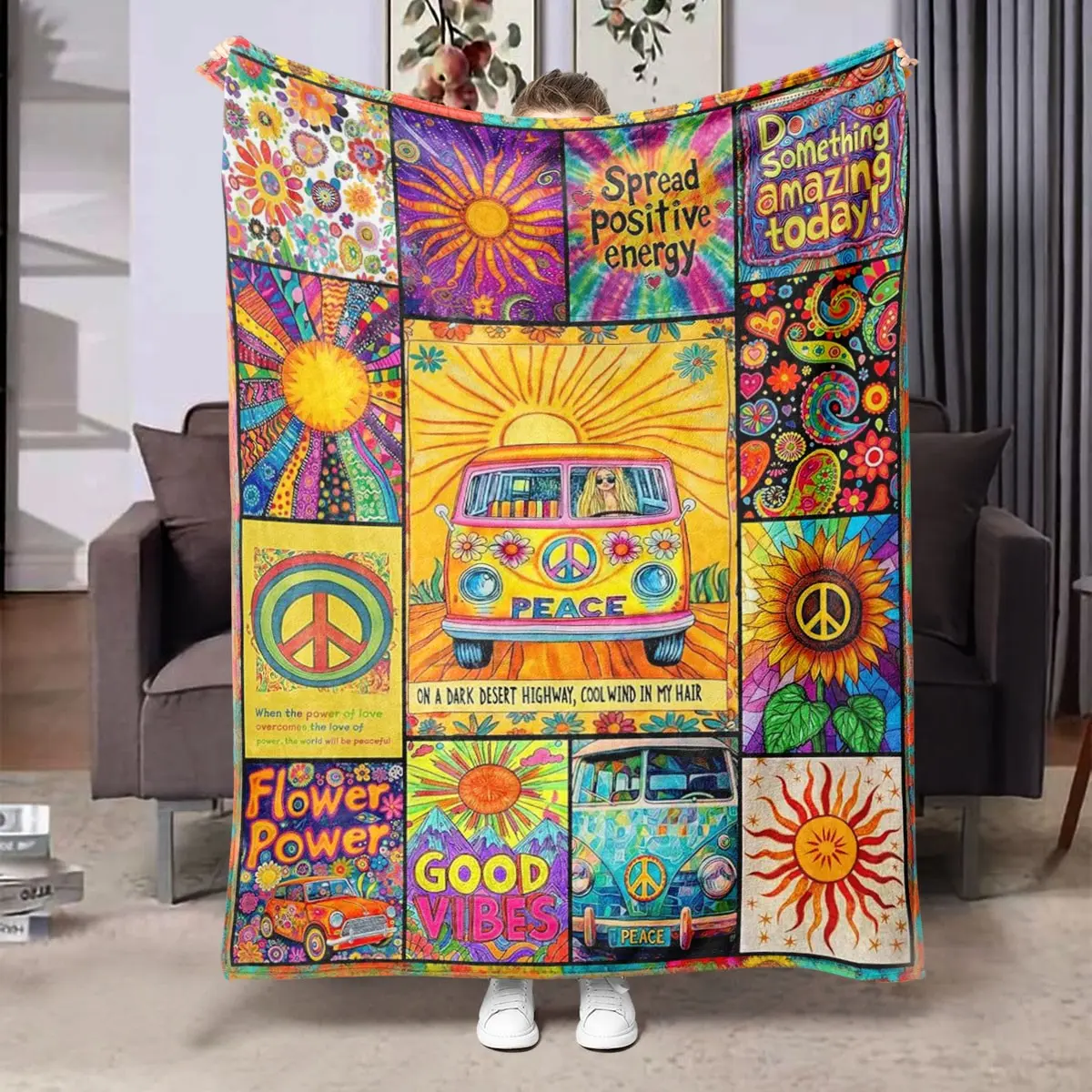 Comfortable Flannel Blanket, Hippie Sunflower Caravan Floral Pattern, Rainbow Color Digital Print, Perfect for Living Room and Camping, Multifunctional Blanket