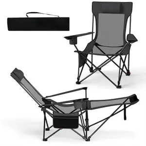 Reclining Folding Camping Chair with Removable Footrest, 330LBS Capacity Adjustable Backrest Mesh Chair with Cup Holder Storage Pocket & Carry Bag for Outdoor Camping Beach fathersdaygift