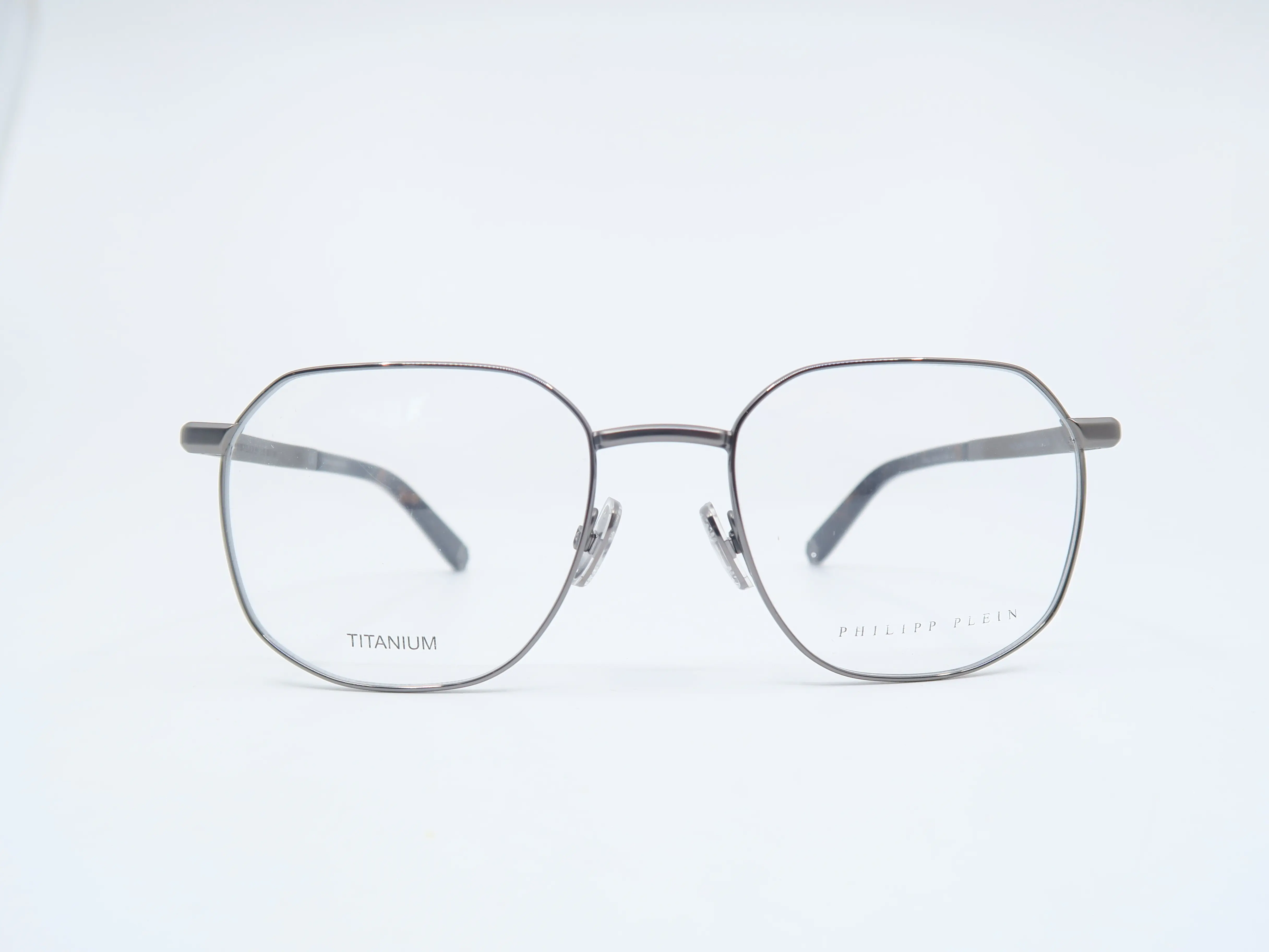Philipp Plein TITAN VISION VPP020 Col.O584 Full Rim Hexagonal Titanium Eyeglasses Frames, with Microfiber Cloth, Black Gloss Tips, Engraved on Both Temples, Lightweight, Unisex