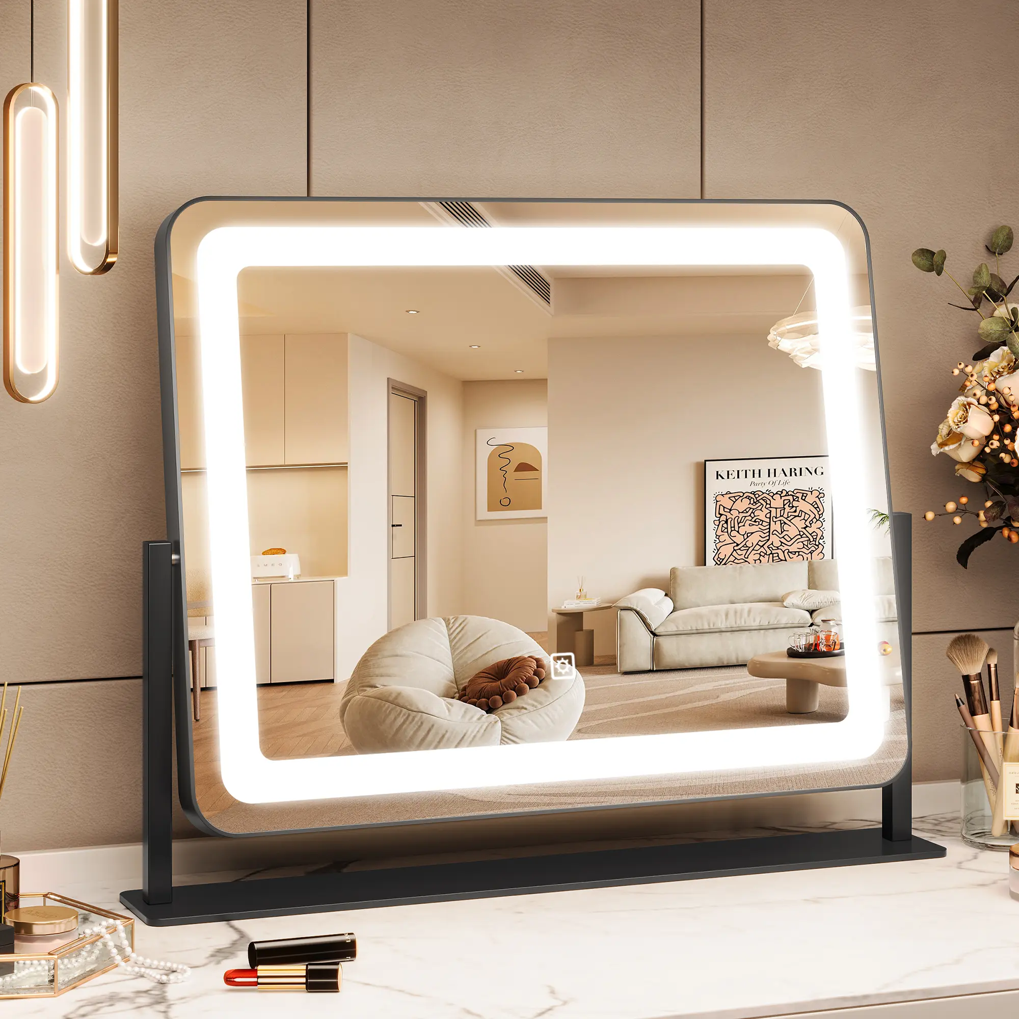 Minimalist Elegant Aluminium Smart Touch Dimmable Hollywood Makeup Mirror - 360-Degree Rotating LED Vanity Light, Brightness Memory, Dual Mounting Wall Mirror for Camping Outdoor Reflection Needs, Glass