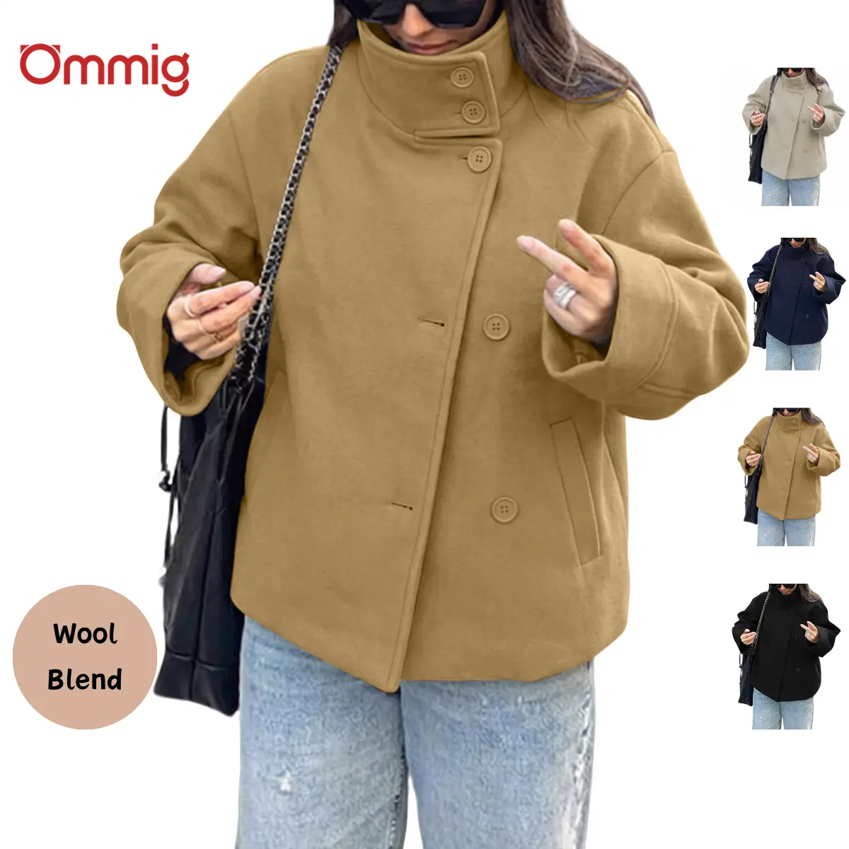 Ommig Women's Wool Blend Pea Coat, Casual Chic Cropped Loose Fit Jacket with Lapel Collar, Minimalist Outerwear for Autumn Winter, Basic, High Neck, Buttoned