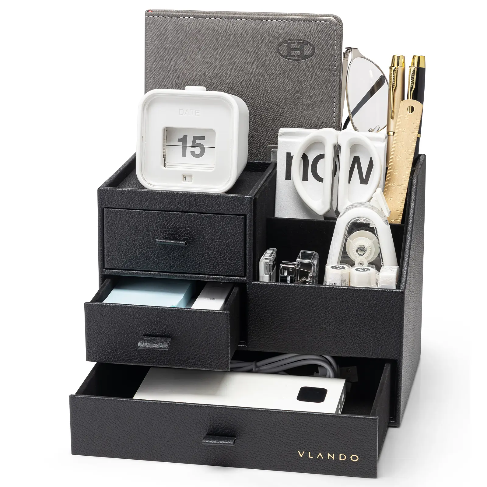 VLANDO Desk Organizer with Drawers, PU Leather Vanity Organizer for Women, Desktop Storage for Makeup, Jewelry, Skincare and Office Supplies