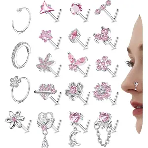 Nose Rings L Shaped Nose Studs Ring Hypoallergenic Stainless Steel Nose Ring-Dangle CZ Butterfly Flower Nose Studs Hoops Piercings Jewelry Gift for Women Men 20G Pink/Blue/Clear