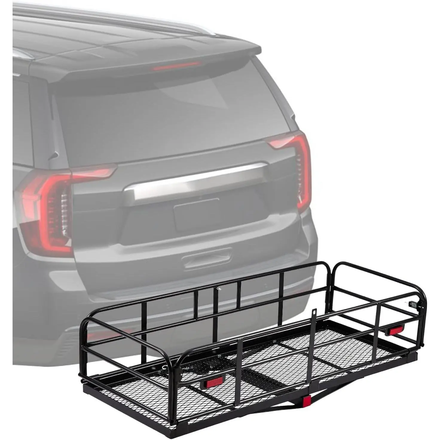 Garvee Hitch-Mounted Cargo Basket - 750 Lbs Capacity, 60.63 x 26.97 x 5.31 In, 65.9 Lbs, 2" Receiver Fit with High Side Rails & Stabilizer, for SUV, Trucks, Firewood Transport, Car Exterior Roof Rack Accessory, Reflective Stickers Included