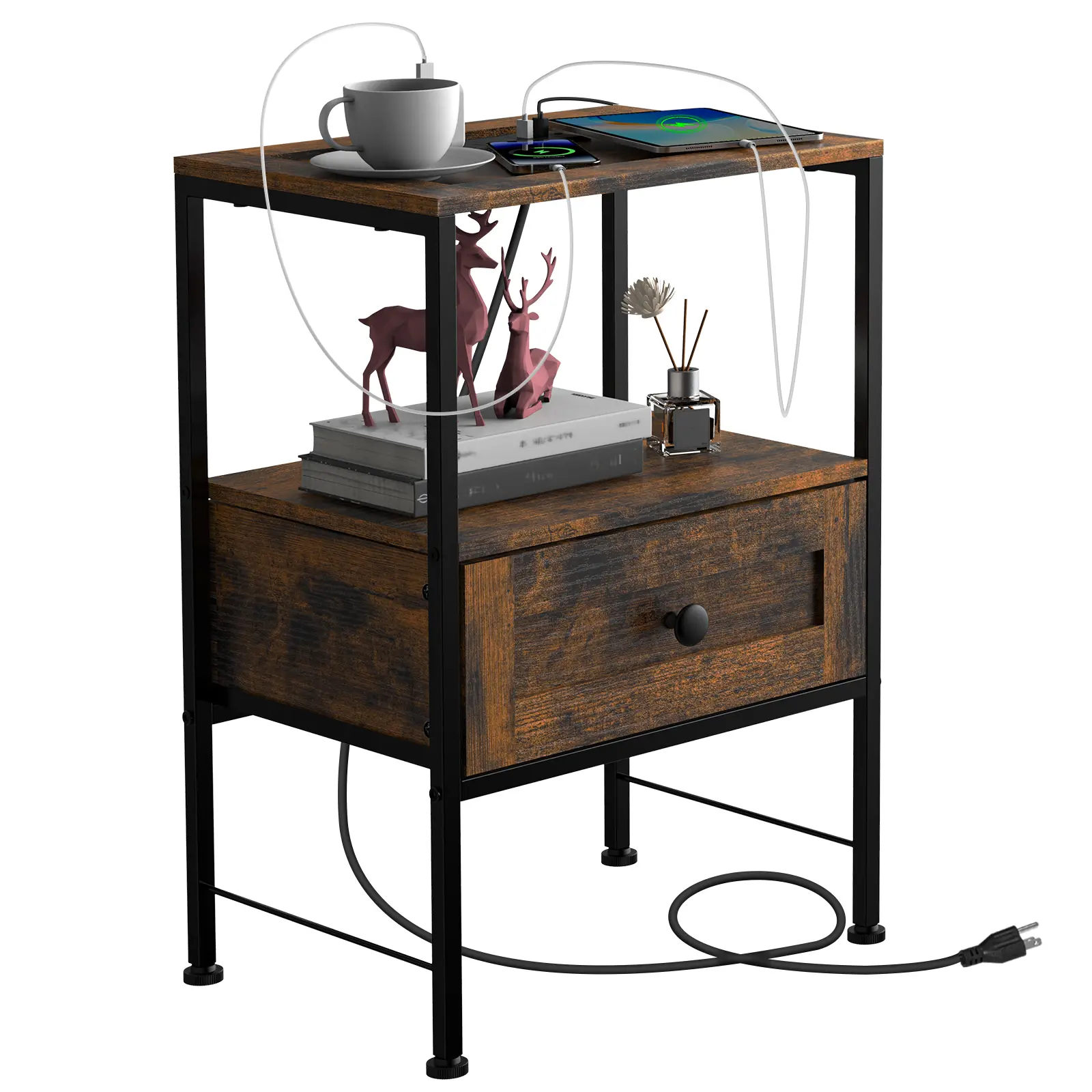 Compact Industrial Rustic Nightstand With Charging Station, Built-In USB Ports & AC Outlets, Storage Drawer And Open Shelf, Sturdy Metal Frame Side Table For Bedroom & Sofa Couch Side