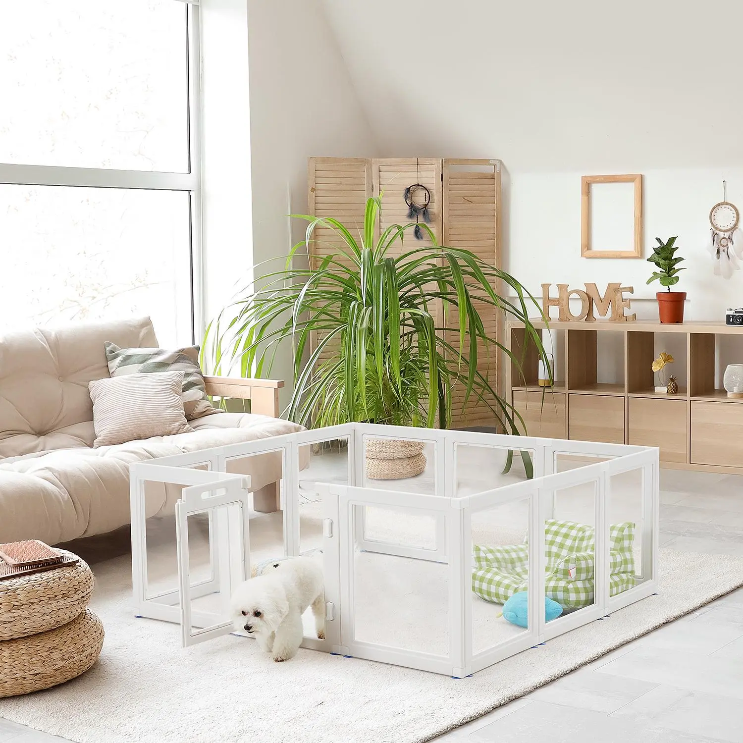 Transparent Heavy Duty Plastic Pet Playpen for Small Dogs & Puppies, 8/10/12/16-Panel Fence with Door, Indoor Foldable White Dog Pen, Puppy Playpen, 12 Panel