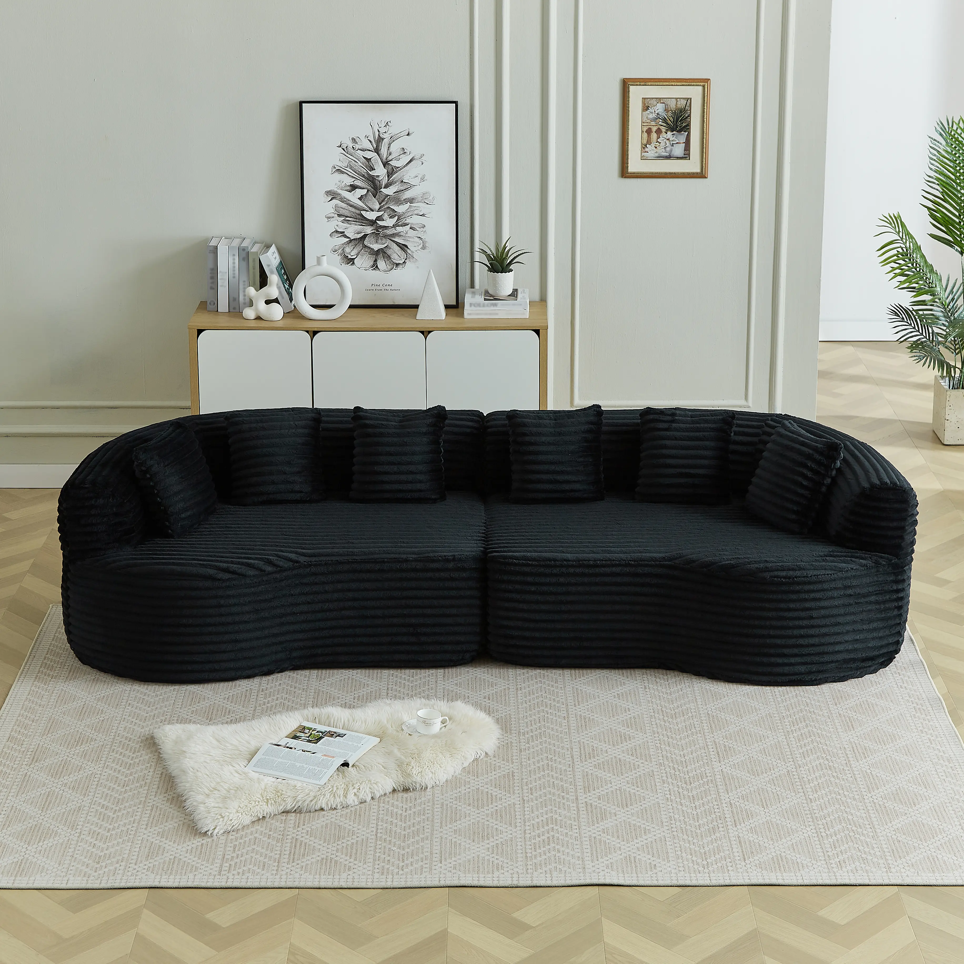 【Sub 1 packages】Niccae Curved Sectional Sofa, 111.5-inch Oversized Modern Bone-Free Cloud Sofa with 6 Pillows Luxury Corduroy Four-Seater Memory Foam Sofa with Deep Seat Design room living couch