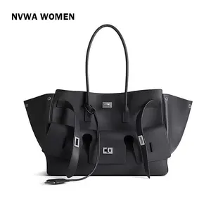 Trendy Black Tote Bag Women's Oversized PU Leather Crossbody Shoulder Bag Multi-pocket Large Capacity Handbag for Casual Travel Shopping