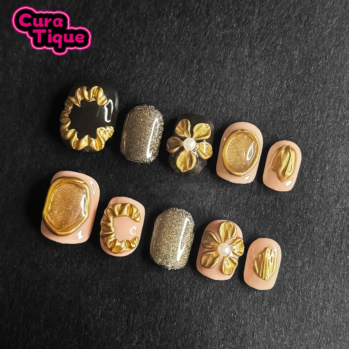 CuraTique | Gilded Opulence 10PCS Handmade Press On Nails REUSABLE 3D Gel spring/summer 2025 / Prom