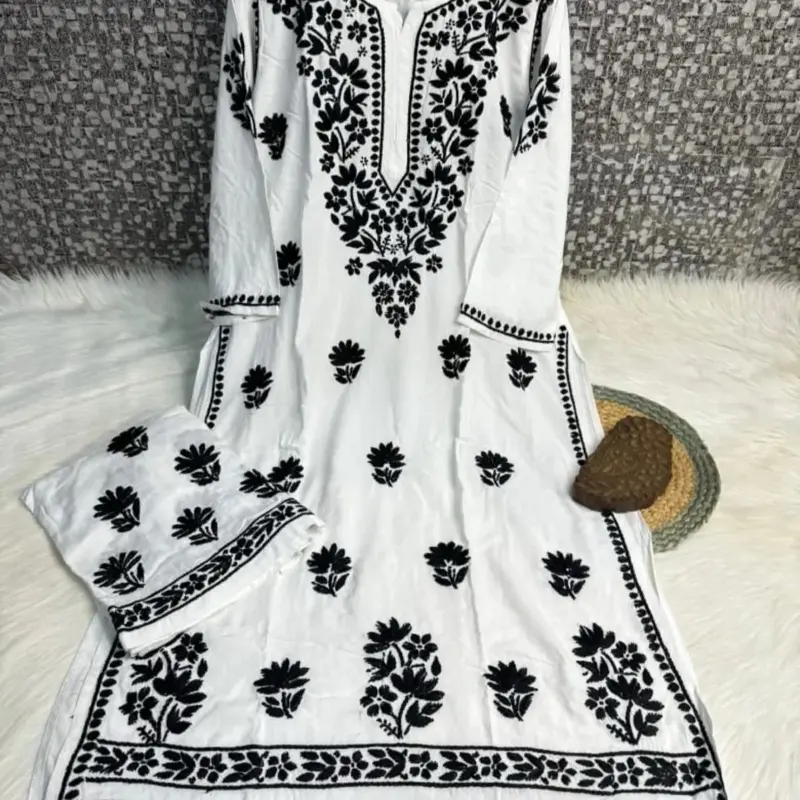 Lady's Premium Lucknow Chikankari Handwork Kurti-Palazzo Set - Longsleeves Women's Clothes Casual Clothes Products