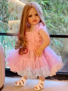 22-inch reborn doll, long hair, pink dress – handmade, lifelike princess doll, comes with a complete set of accessories including a bottle, birth certificate, and pacifier—perfect gift