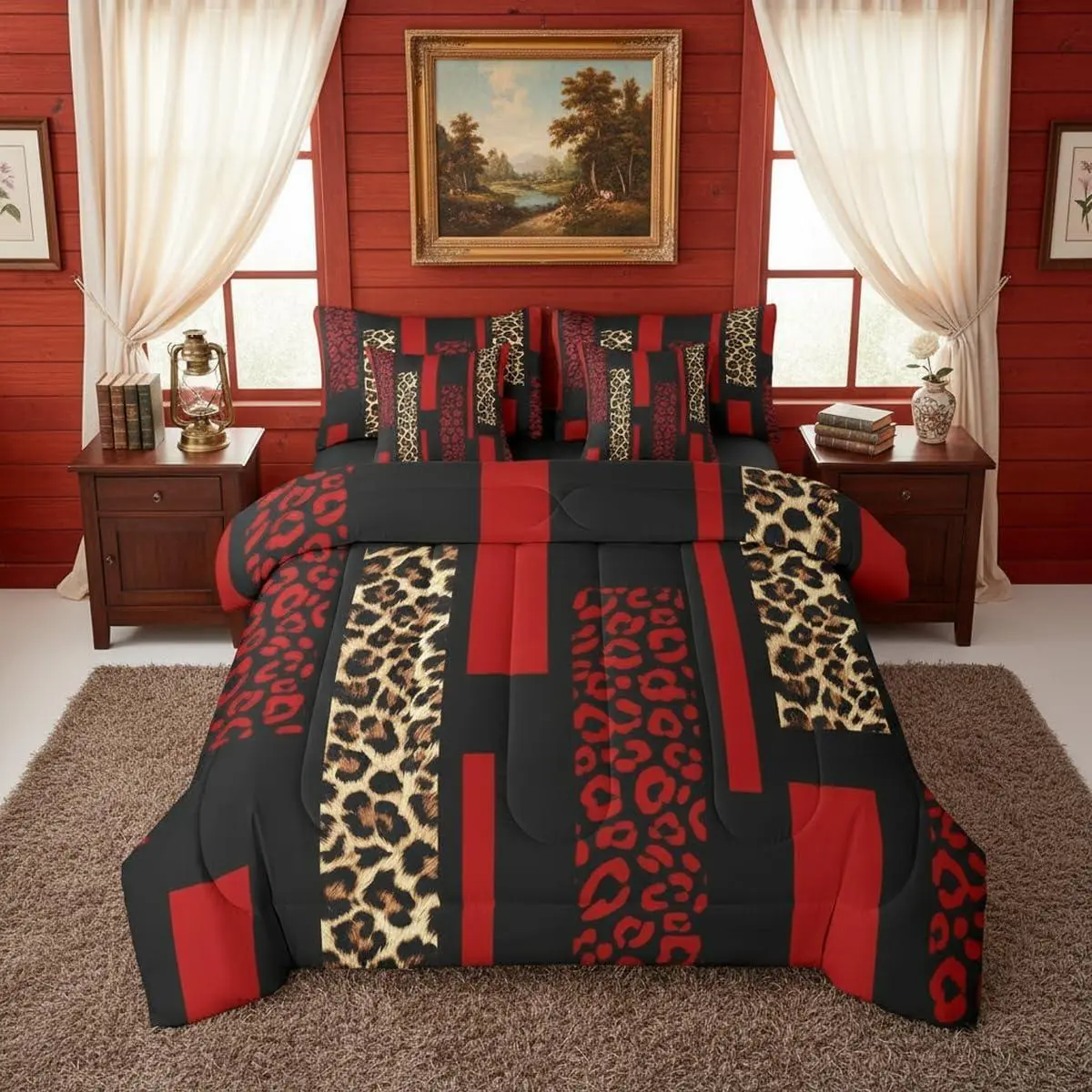Women Red Cheetah Print Bed in A Bag 7 Pcs Brown Red Geometric Leopard Comforter Set Abstract Animal Skin Texture Bedding Sets Fashion Striped Cheetah Art Sheet Set with Comforter