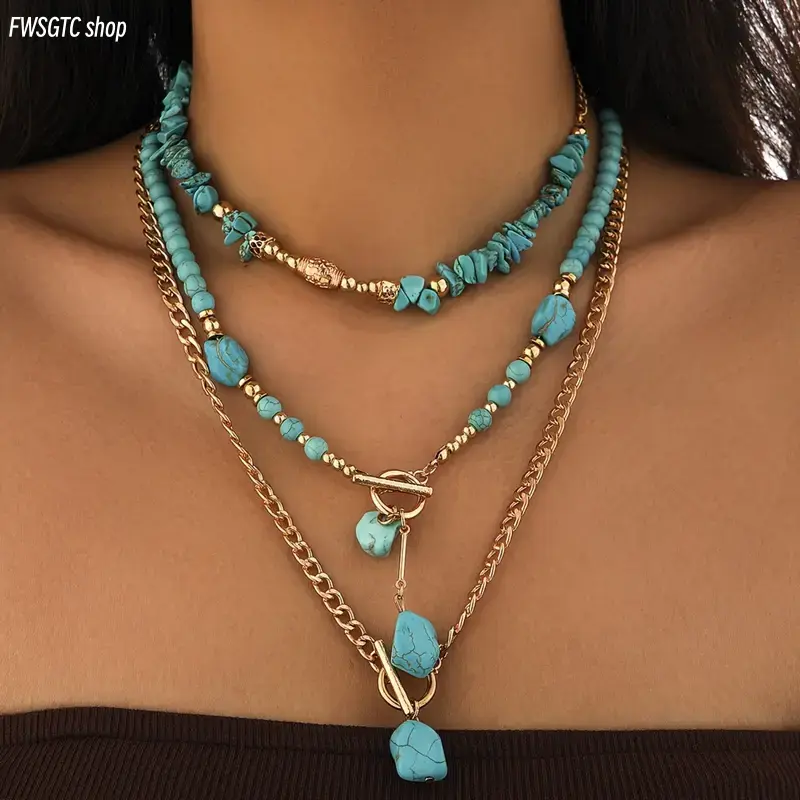 3-piece bohemian turquoise beaded stacked necklaces set for women. Chic retro style matches various outfits well. Suitable for dating, parties, vacation, daily commute and other casual or festive occasions.
