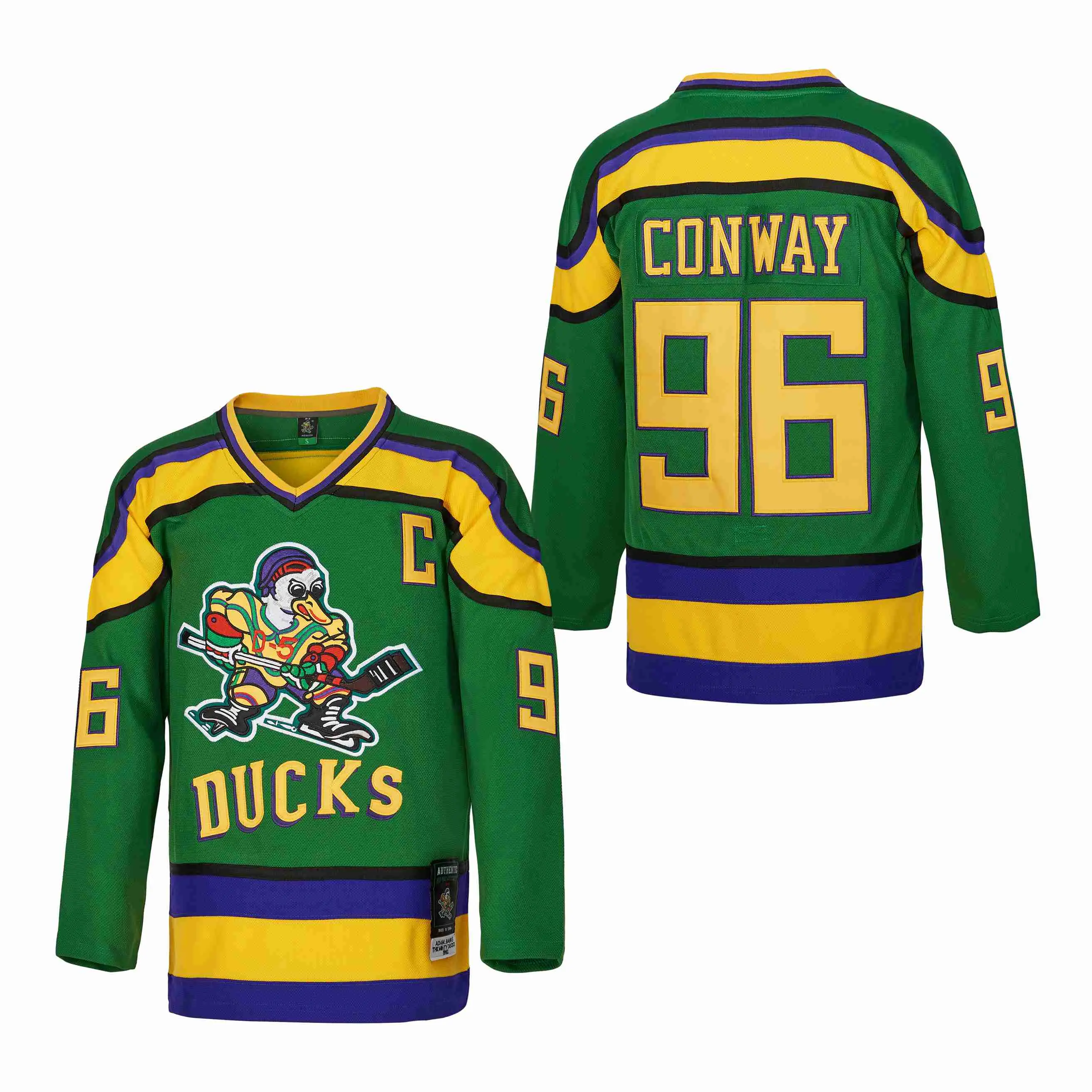 Men's The Mighty Ducks #96 Charlie Conway Authentic V-Neck Ice Hockey Jersey Shirt, High-Quality Sewn Embroidered Logo, Twill Polyester Blend, Cool & Flexible 2025 Green Sports Outerwear, Plus-Size (3XL) Athletic Workout Clothing, Active Sportswear, Male