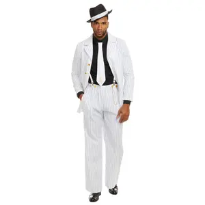 Zoot Suit Riot Men Costume - Button-Front Pinstriped Jacket & Matching Pants with Gold Chain Detail & Adjustable Elastic Suspenders