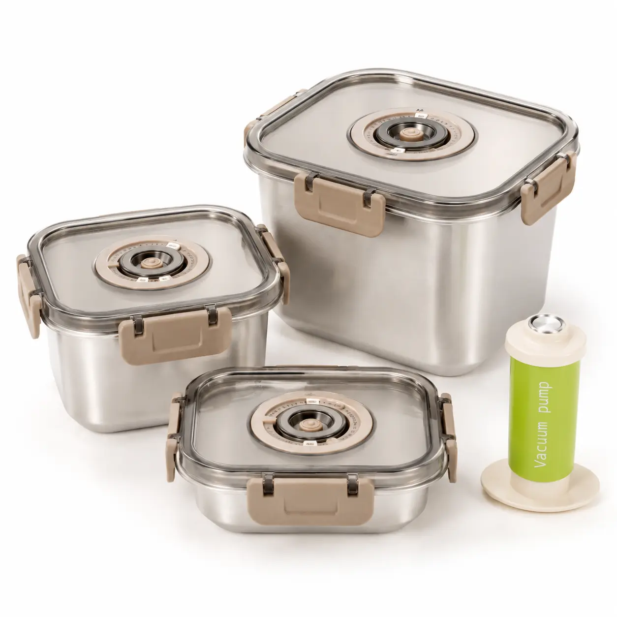 Stainless Steel Vacuum Food Storage Container Set - Multi-Capacity, Stackable Set with Lid, Date Markings, Air Pump, Leakproof, Airtight for Kitchen, Refrigerator Use