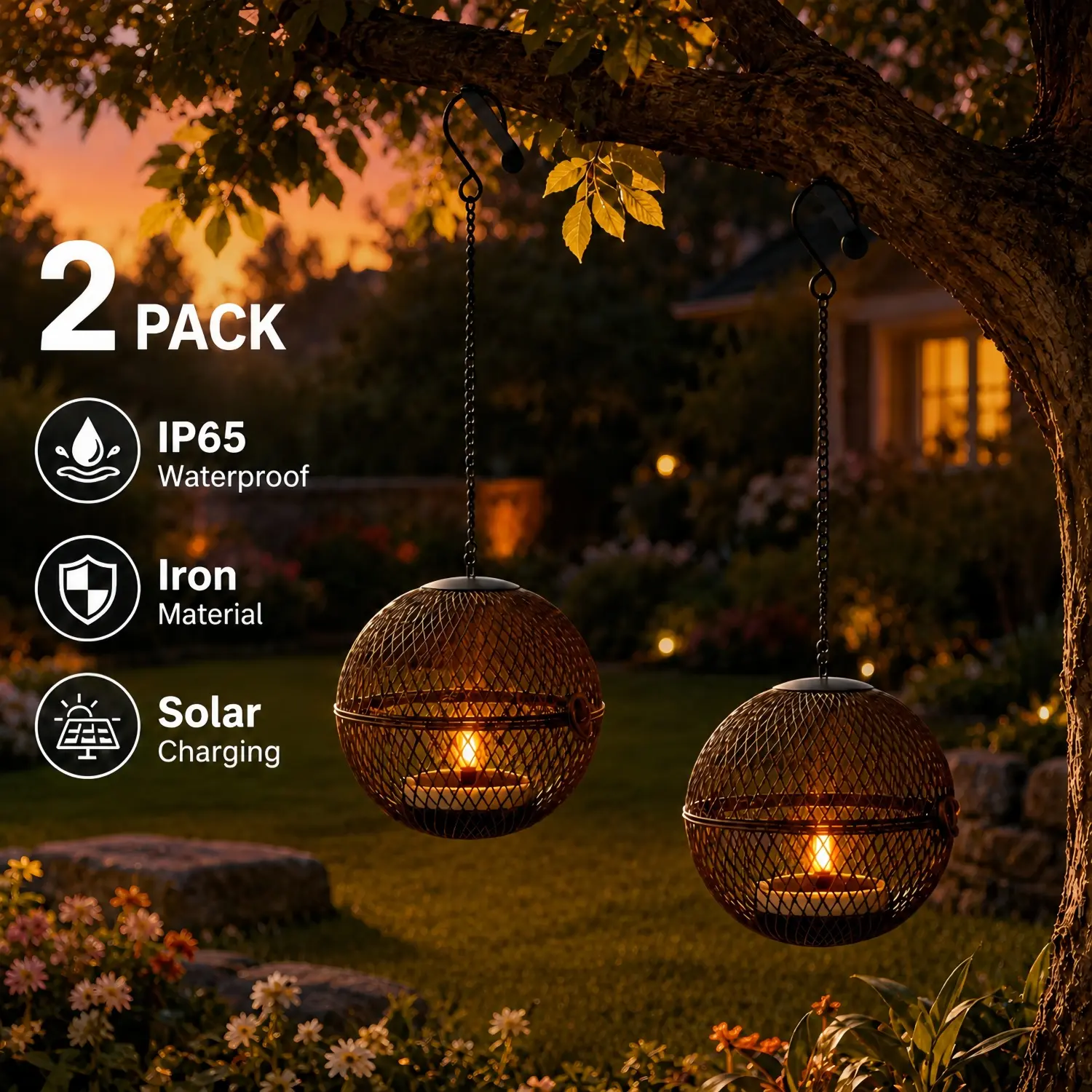 2-Pack Solar Lanterns Decoration - IP65 Rated Iron Cage Lamps with Realistic Flame Effect, Solar-Powered Wireless Decorative Lights, Outdoor Waterproof Garden Decor & Lighting Solutions for Patio Yard