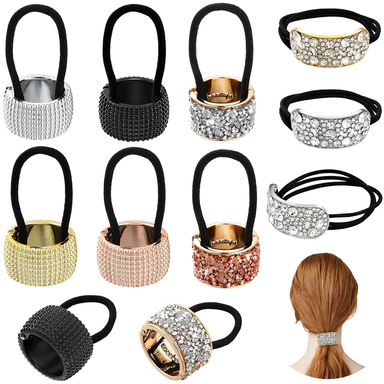 Pieces Rhinestone Hair Ponytail Holder Glitter Ponytail Accessories Large Pony Tail Holders Elastic Hair Tie Band Plastic Metal Ponytail Holder Cuffs for Women Girls, Mixed Colors