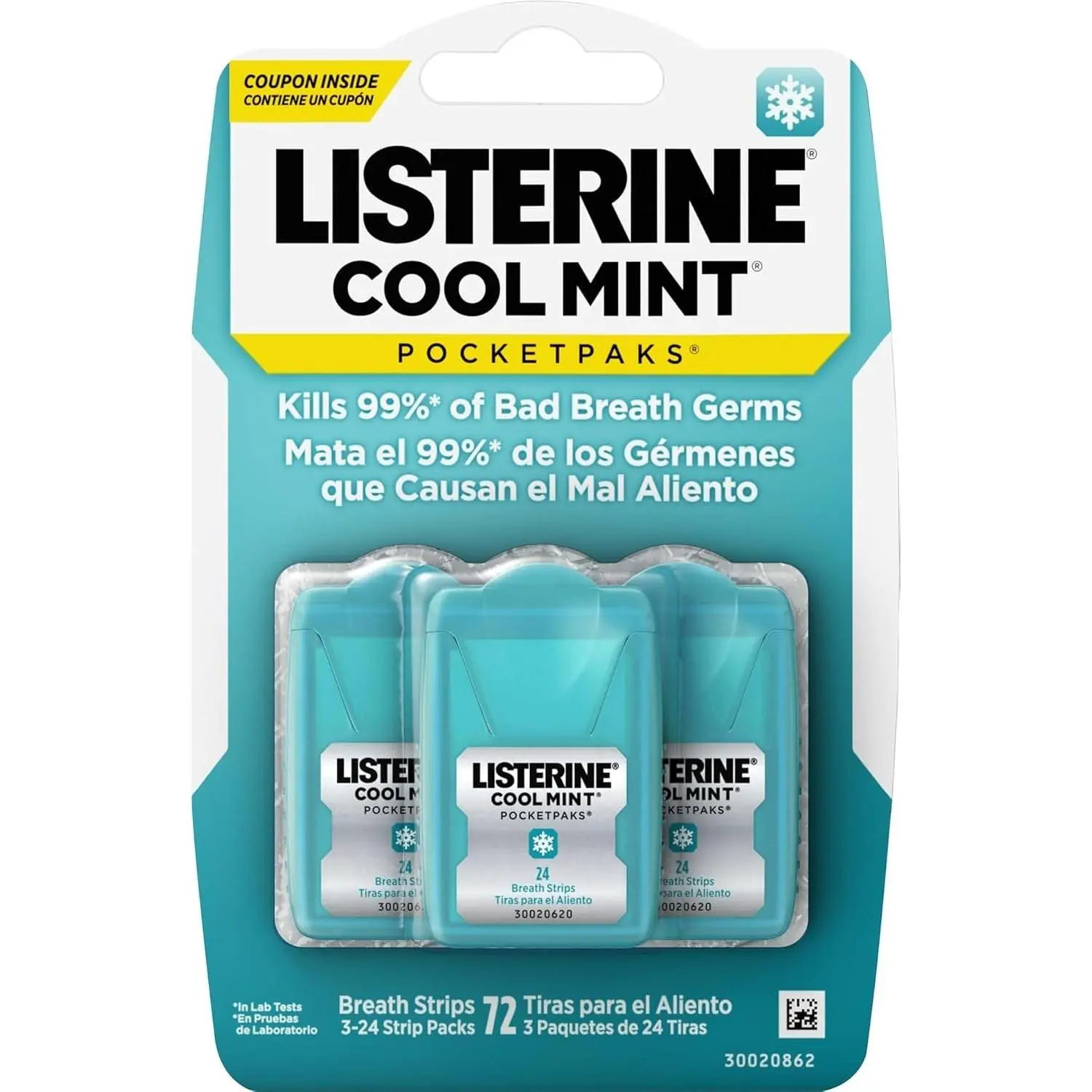 Listerine PocketPaks Cool Mint Breath Strips - 3 Pack of 24-Strip Oral Care Fresheners, Instantly Dissolves, Kills 99% of Bad Germs, Travel Essential