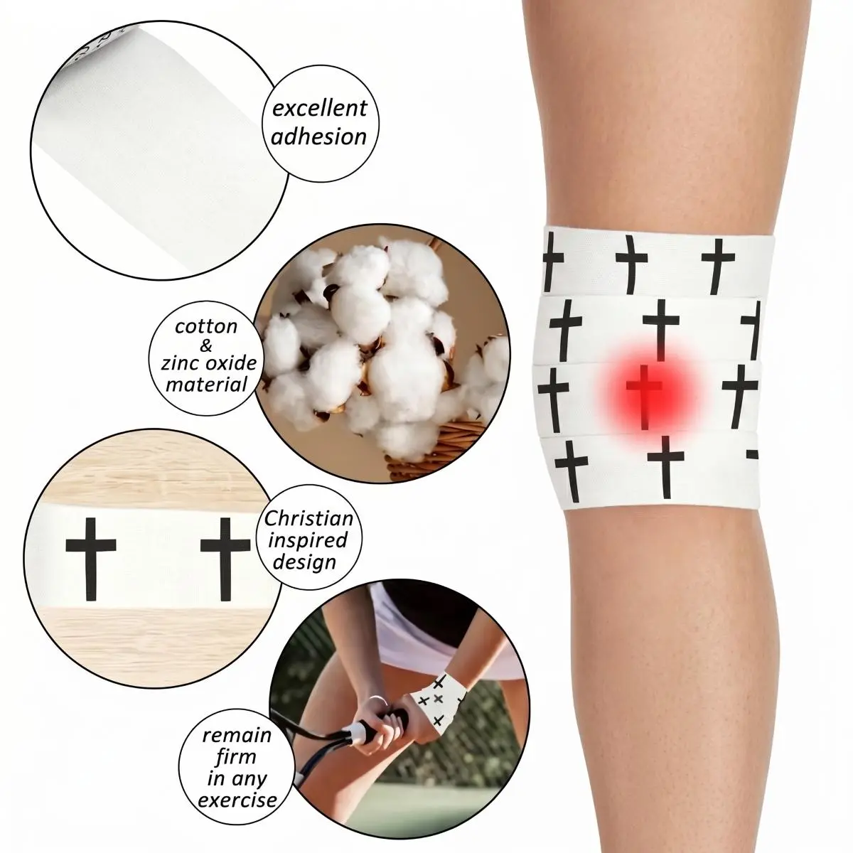 2 Pcs Christian Athletic Tape (2" x 23ft) | White Cotton Zinc Oxide Tape | Cross & Bible Verse Design | Religious Wristband for Tennis, Gym, Sports | Faith-Based Christian Gift for Men & Women