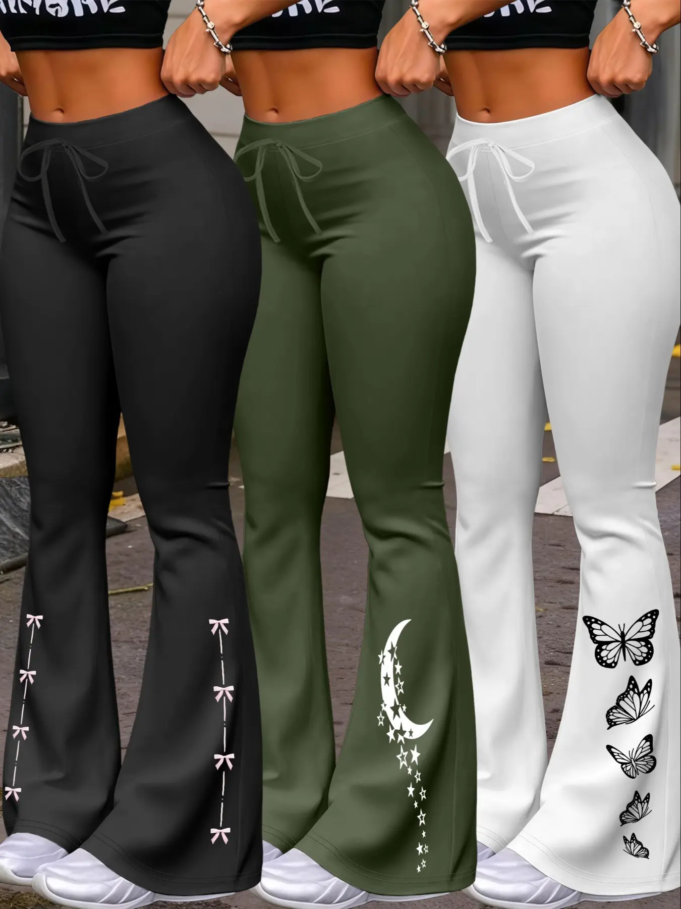 Women's Casual Wide-Leg Pants, Butterflies, Adjustable Drawstring Waist Design, All-Season Wear, Fitted H-Type Yoga & Running Casual Streetwear Trousers, 3-Pack, Bottom, Casual Fashion Bottoms, Womenswear