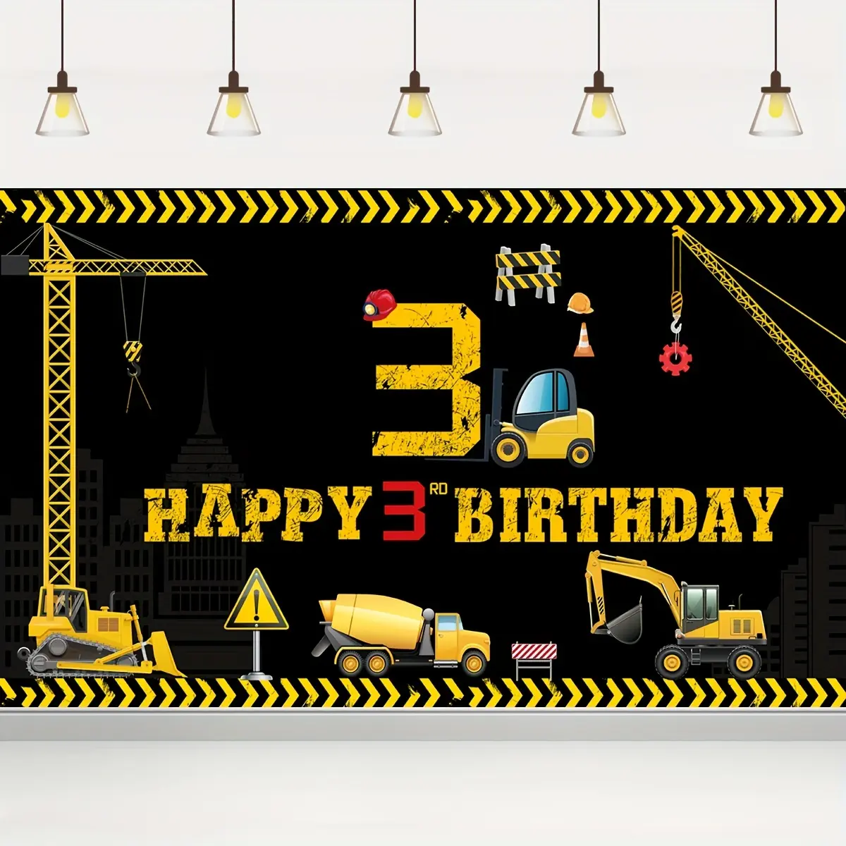 3rd Birthday Construction Print Party Banner & Backdrop - Dump Truck Design, Hanging Decorations, 1PC Textile Party Accessory
