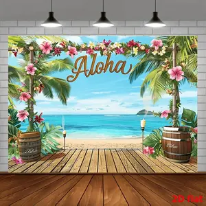 Vibrant Hawaiian Aloha Party Banner & Polyester Grass Table Skirt Set - 1pc with 2D Flat Tropical Beach Scene, Palm Trees, Flip-Flops for Luau, Birthday Parties